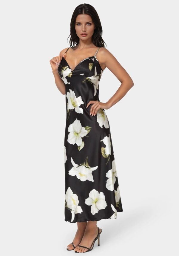 bebe2290_black-ivory_2_3065bb27-68ef-4c49-ab59-204e8c595ffc Printed Satin V-Neck Maxi Dress